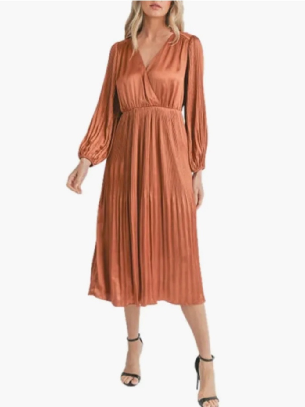 Mila Mae BRONZE Pleated Long Sleeve Midi Dress